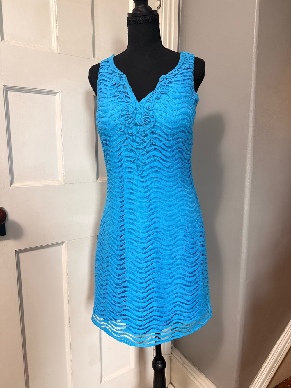 Lilly Pulitzer Margate Shift Dress Aqua Blue with Lace Overlay - Medium